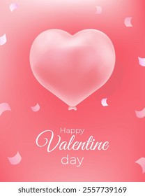 Valentine's Day design template, soft pink heart balloon and confetti on a pastel background. Romantic cards, social media, and festive love-themed content