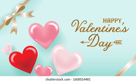 Valentine's day Design template , Three glossy Hearts and ribbon on mint green background - Included greeting words
