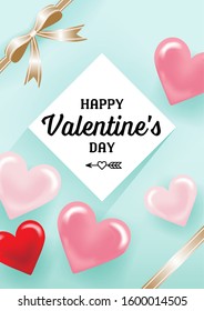 Valentine's day Design template , Three glossy Hearts and ribbon on mint green background, Vertical - Included greeting words
