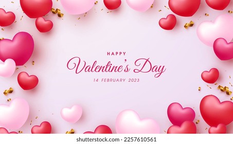 Diseño del día de San Valentín con globos de amor 3d únicos y realistas. Vector premium para tarjeta de regalo, fiesta de amor, diseño de vales de invitación, plantilla de afiches, lugar para texto.