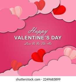 Valentine's day design. Valuable red, purple and pink paper cut hearts in clouds. Cute Valentine sale banner, greeting card. Vector illustration.