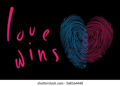 Valentines day design. Vector fingerprint sketch with heart. Hand drawn outline illustration with human finger print with pink and blue heart shape and handwritten calligraphy on black background. 