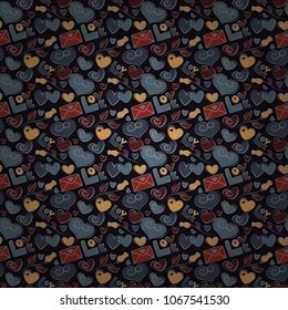 Valentines day design. Vector love handmade backdrop in blue and gray colors. Seamless pattern with stylized love, hearts and rose flower.