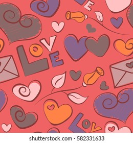 Valentines day design. Vector love handmade backdrop in purple and red colors. Seamless pattern with stylized love, hearts and rose flower.