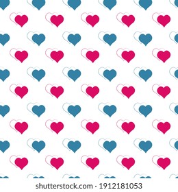 Valentine's day design. Vector seamless red hearts with contour reflection on a white background. Cute illustrations.