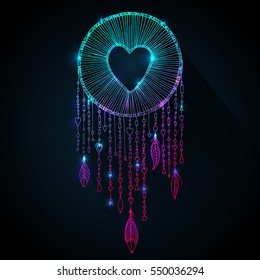 Valentines day design. Vector sparkling dream catcher with heart shape illustration. Native American ancient symbol dreamcatcher, sketch in outlines and magic sparkles