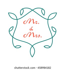 Valentine's day design. Vector vintage pattern design elements or branding. Wedding card. The invitation, the heart. Mr. and Mrs. text. Template for your design