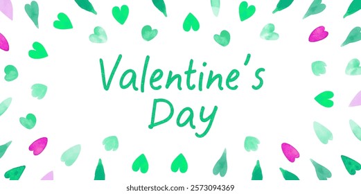 Valentine's Day design, watercolor hearts, green color palette, festive decoration, romantic theme, cheerful artwork.
