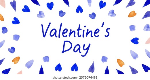 Valentine's Day design, watercolor hearts, romantic theme, festive decoration, blue and orange colors, cheerful artwork.