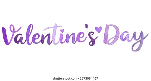 Valentine's Day design, watercolor lettering, romantic theme, purple hues, festive celebration, love and affection.