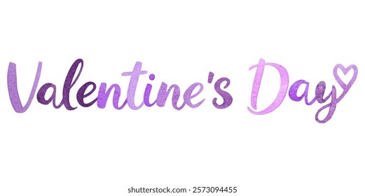 Valentine's Day design, watercolor style, romantic theme, purple hues, festive typography, love celebration.
