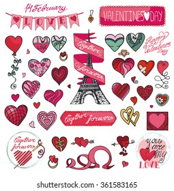 Valentines day design,labels,vintage elements,icons collection.Hand drawing doodle vector.Love,romantic,heart decor,ribbons,arrows,lettering.Paris Eiffel tower.Retro wedding decoration isolated set