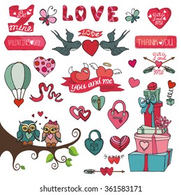 Valentines day design,labels,vintage elements,icons collection,hearts,birds.Hand drawing doodle vector.Love,romantic,heart decor,arrows,lettering isolated set.Retro valentine,wedding vector decoration