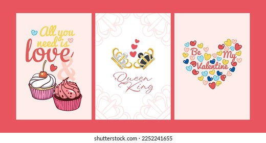 Valentinstag entwirft im A4-Format mit Cupcakes, Kronen und Herzen. Einfach zu bearbeiten Vektorformat für Karten, Einladungen, Bilder.