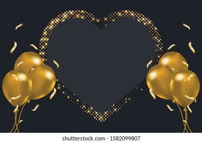 Valentines Day designs, the creative concept of Valentines Day celebration design. Heart icons, confetti glitter and balloons on a black background with cut paper design style. Space copy text Area.