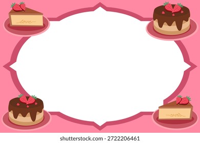 Fondo de marco de postre de San Valentín con pasteles de chocolate y rebanadas de fresa
