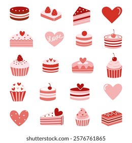 Valentine's Day dessert icon set featuring cakes, cupcakes, hearts, and sweets in red and pink tones. Perfect for romantic, festive designs, and holiday-themed projects.