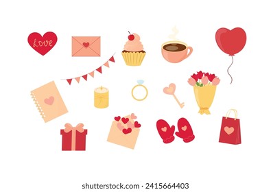 La colección de postres y decoraciones del día de San Valentín, aislada de fondo blanco. Juego de regalos, taza, quequito, ramo, vela, cartas de amor, llave, diario, globo, anillo de diamantes. Ilustración vectorial. 