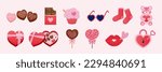 Valentines day desserts and decors set isolated on light pink background. Including sweet chocolate desserts, cupcake, heart sunglasses.socks, teddy bear and heart lock