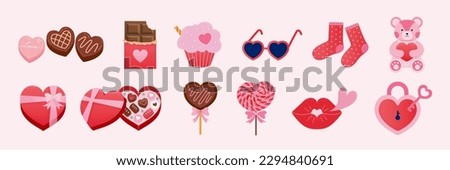 Valentines day desserts and decors set isolated on light pink background. Including sweet chocolate desserts, cupcake, heart sunglasses.socks, teddy bear and heart lock