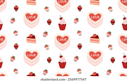 Valentines day desserts seamless pattern. Sweet food. Coquette cake heart, cupcake, cute chocolate, strawberry in chocolate, candies. Romantic background. Flat Vector illustration 