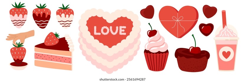 Valentines day desserts. Sweet food. Cake heart, cupcake, cute chocolate, strawberry in chocolate, candies. Romantic elements set. Flat Vector illustration isolated on white background