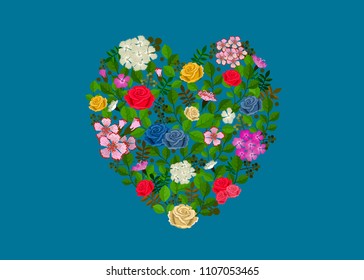 Valentines day. Different flowers in the form of a heart. 