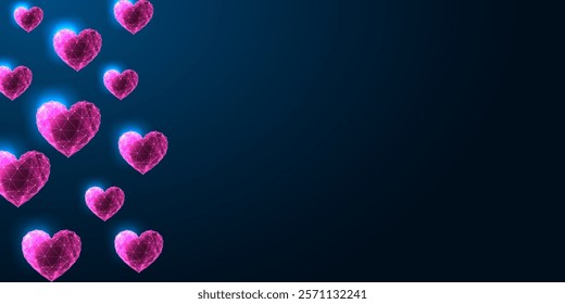 Valentines Day digital web banner with glowing polygonal pink hearts floating on a dark blue backdrop. Romantic and festive atmosphere for love, celebration, and digital design. Vector illustration