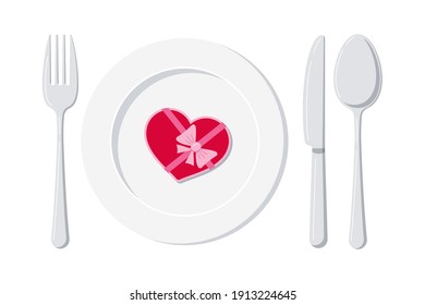 Valentines Day dinner -gift on white plate with spoon, knife and fork isolated on a white background. Top view heart shape box, cutlery, ceramic serving plate. Vector flat design cartoon illustration.