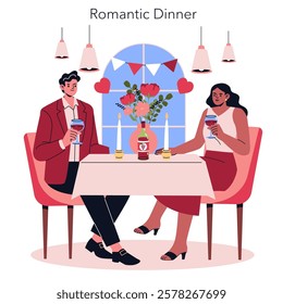 Valentine's Day dinner illustration. A couple enjoys a romantic dinner with drinks, flowers, and candles. Perfect setting to celebrate love and create lasting memories together. Vector illustration.