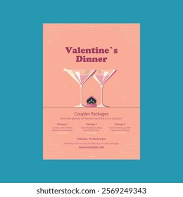 Valentine's Day dinner poster or flyer template. Invitation for romantic dating or party for couples in love for having dinner in a romantic atmosphere.