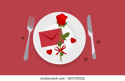 Valentines Day Dinner. Red Background. Vector