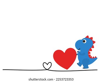 Valentine's day with dinosaur cartoon, red heart and one line heart isolated on white background vector illustration.