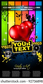 Valentine's Day Disco Flyer with a party background, and glossy red hearts flying over the air.