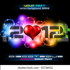 Valentine's Day Disco Flyer with a party background, and glossy red hearts flying over the air.