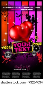 Valentine's Day Disco Flyer with a party background, and glossy red hearts flying over the air.