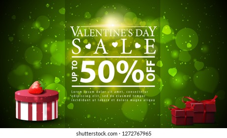 Valentine's Day discount banner on green background with gifts