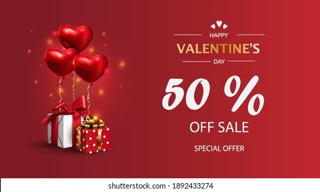 valentine's day discount coupon template. red background with congratulations, valentine, with gifts and heart-shaped balloons. bnner or greeting card, 50% discount.Editable vector flyer template