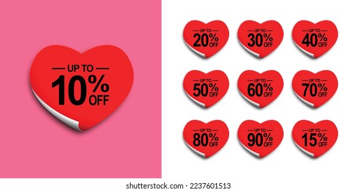 Valentine's day discount neon design. 10, 15, 20, 30,40,50, 60, 80, 90 percent off in red heart-shaped frames