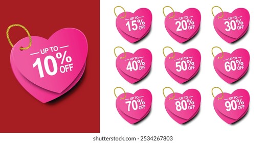 Valentine's day discount neon design. 10, 15, 20, 30,40,50, 60, 80, 90 percent off in pink heart shaped frame