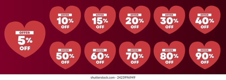 valentines day discount offer collection 5,10,15,20,30,40,50,60,70,80,90 percent,heart shaped offer balloon