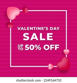 Valentine's Day Discount poster or banner with heart symbol and stripes background