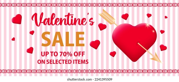 Valentine's Day discount promotional sale banner design. A golden arrow of Cupid shooting a red heart. The concept of promoting purchases and discounts on selected items. Vector illustration.