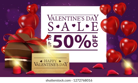 Valentine's Day discount purple banner with chocolate candy