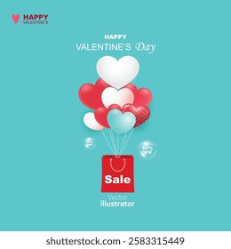 Valentine's day discount sale flat design with balloon vector on green pastel background. Templates for social media posts backgrounds, cover, poster, banners, marketing, sales promotion