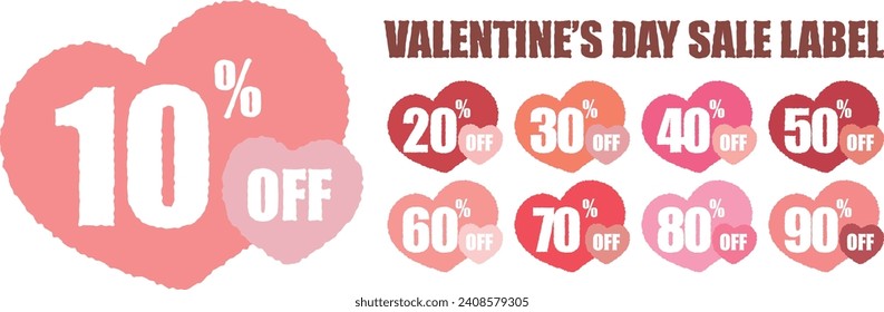 Valentinstag Rabatt Tags oder bieten Etiketten 10% bis 90%. Valentinstag Verkauf oder Promo.Lover Verkauf Etiketten Vektor-Abzeichen mit Herz-Form Rahmen.Preis abgeschnitten Verkauf Promo.Valentins Tageswerbeschild.