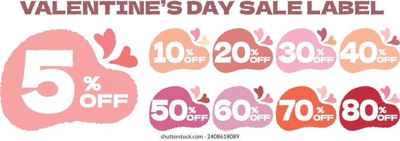 Valentines day discount tags or offer labels 10% to 80%. Valentines day sale or prom.Lover sale label set vector badges with heart shape frame.Price cut off sale promo.Valentines day advertise sign.