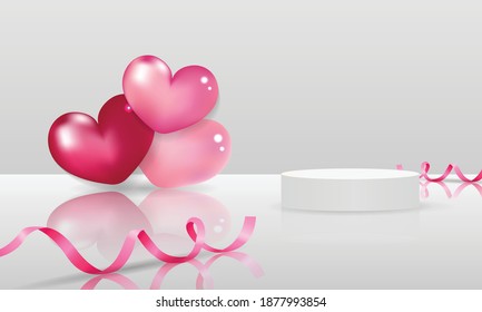 Valentine's day display stage for product exhibition decorated with realistic heart and ribbons. Minimal scene podium vector.