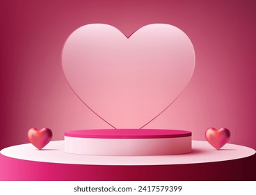 Exhibición del Día de San Valentín con esta maqueta de podio blanco y rosado en 3D. Pink Heart brillante en el podio y fondo, perfecto para mostrar productos, marcas o mensajes románticos. Ilustración del vector