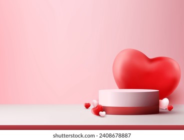 Valentine's Day display with this photorealistic 3D podium mockup red and white color scheme with a decorative hearts elements. Vector illustration